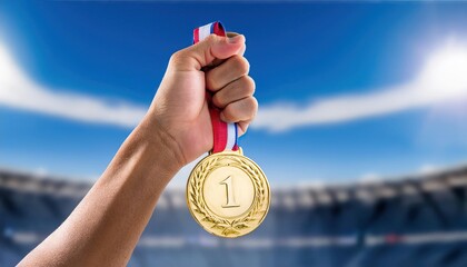 Wall Mural - hand raising an olympic gold medal