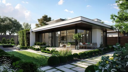 charming suburban cottage with an art deco style, featuring sleek lines and symmetrical garden design