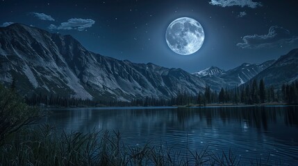 a moonlit night at marian lake, with the full moon casting a silvery glow over the lake and mountain