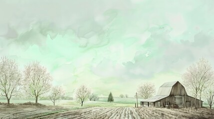 Wall Mural - A peaceful early spring farm landscape in watercolor, with a pale mint green sky and newly budding trees surrounding an old wooden barn and plowed fields.