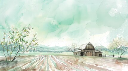 Wall Mural - A peaceful early spring farm landscape in watercolor, with a pale mint green sky and newly budding trees surrounding an old wooden barn and plowed fields.