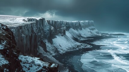 Wall Mural - A rugged coastal landscape of Northern Europe in winter, with jagged cliffs and snow-dusted beaches against a moody, stormy sky.