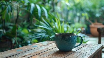 Wall Mural - Ceramic cup on wooden table with garden scenery visible