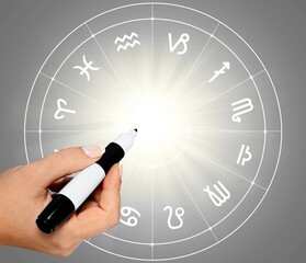 Wall Mural - pen and astrology book. wheel projection with zodiac sign.