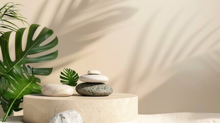 Poster - Studio product display with tropical leaves and stone on neutral background for cosmetic design template