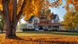 © Salman - crisp autumn scene at a suburban farmhouse, with the house framed by trees shedding golden leaves