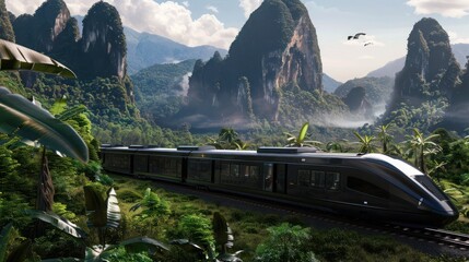 Wall Mural - A sleek black train racing through a stunning landscape with towering mountains in the background, surrounded by lush greenery.