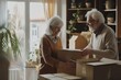 © useful pictures - Mature couple moving into new apartment, carrying cardboard boxes into empty room with potted plants. Real estate property buying, relocation, new home concept
