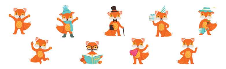 Poster - Cute Red Fox Character Engaged in Different Activity Vector Set