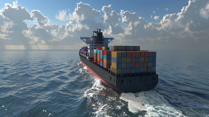 closeup back view of a cargo ship full of colorful containers transporting goods internationally worldwide swimming in ocean. wallpaper background for ads, web design, sites