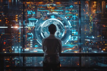 Poster - A person stands facing a large digital display showing data and a globe graphic