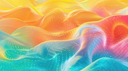 Bright and playful gradient hologram with whimsical wave patterns, lively design, perfect for children’s publications. Gradient hologram dynamic wave patterns