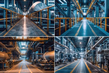 An industrial plant walkway with yellow lines and steel pipes