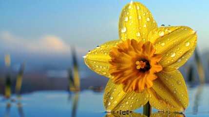 Wall Mural - Morning dew drops on a bright yellow daffodil reflecting the soft blue sky of a clear morning, creating a serene and tranquil natural view.