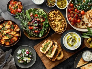 Mediterranean food variety on a table with fresh vegetables, bread, dips, and herbs. Perfect for a healthy lifestyle and delicious meals.