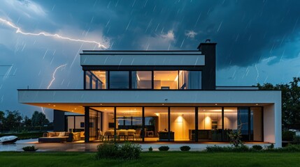 Wall Mural - modern suburban farmhouse during a thunderstorm, capturing the dynamic sky and rain striking the large glass windows