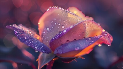 Sticker - Morning dew drops on a single rose petal glowing in the soft pink and purple hues of the early morning light.