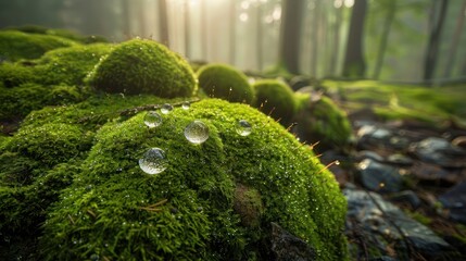 Wall Mural - Morning dew drops on moss-covered rocks glistening under the soft morning light, with the forest floor providing a tranquil backdrop.