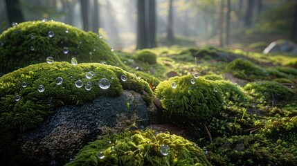 Wall Mural - Morning dew drops on moss-covered rocks glistening under the soft morning light, with the forest floor providing a tranquil backdrop.