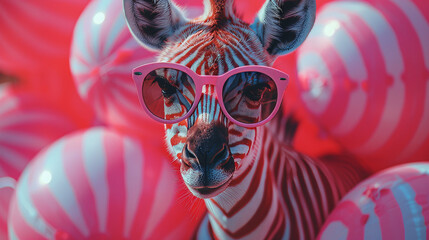 Wall Mural - Zebra Wearing Pink Sunglasses Amidst Striped Balloons