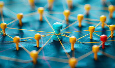 Poster - connected network nodes concept depicting various relationships using colorful pegs and strings on d
