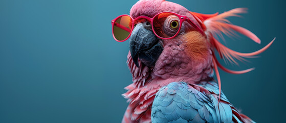 Wall Mural - Pink And Blue Parrot Wearing Red Sunglasses