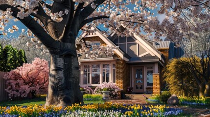 picturesque suburban cottage with a front garden dominated by a majestic cherry blossom tree, underplanted with spring bulbs