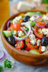 Wall Mural - A bowl of salad with tomatoes, cucumbers, and olives