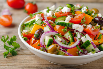 Wall Mural - A bowl of salad with tomatoes, cucumbers, and olives