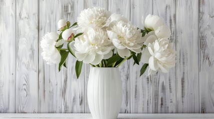 Wall Mural - White peony bouquet in white vase on white wood background Close up of flowers and buds