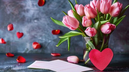 Poster - Pink tulip bouquet in vase with postcard and red heart Romantic spring setting with text space