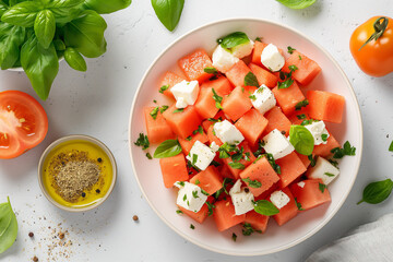 Sticker - A plate of watermelon and feta cheese salad with a side of basil