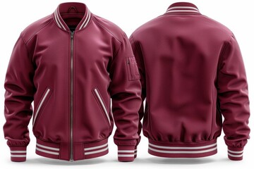 Wall Mural - Two sets of red, maroon, grey, gray oversized baseball bomber varsity jackets on transparent cutout . Mockup template for artwork design.