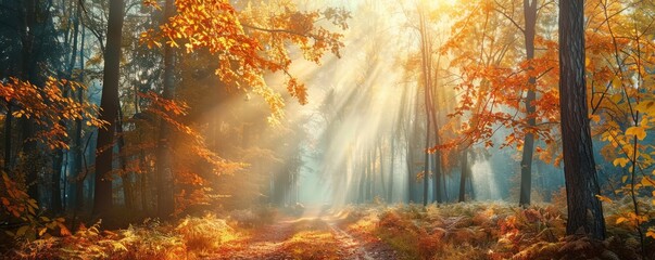 Poster - Sunbeams Piercing Through Autumnal Forest