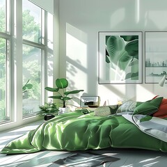 Beautiful Colored Mockup Bedroom Interior with Blank Poster Decoration Art Background Image generative AI