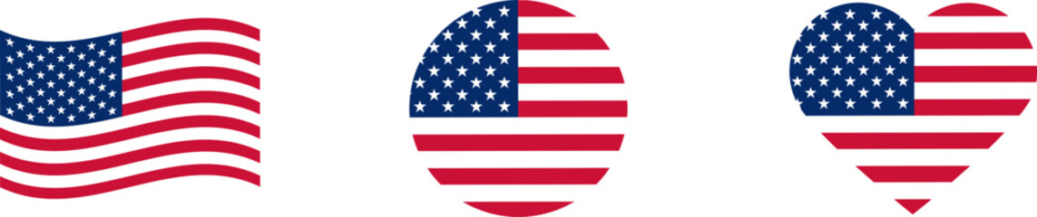 Wall Mural - USA flag icons vector set. United States of America flat  badges.Flag of usa vector flat symbol collection.USA flag labels set.Set of American flag icons in the shape of heart.