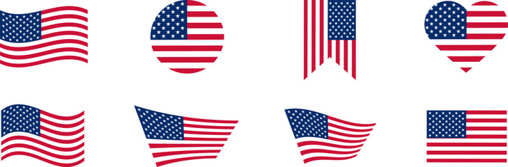 Wall Mural - USA flag icons vector set. United States of America flat  badges.Flag of usa vector flat symbol collection.USA flag labels set.Set of American flag icons in the shape of heart.