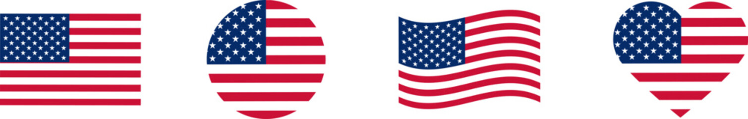 Wall Mural - USA flag icons vector set. United States of America flat  badges.Flag of usa vector flat symbol collection.USA flag labels set.Set of American flag icons in the shape of heart.