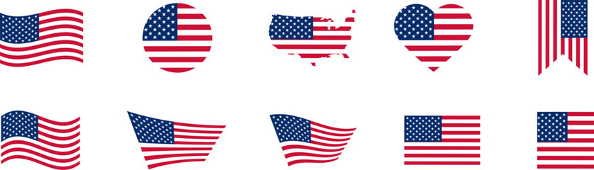Wall Mural - USA flag icons vector set. United States of America flat  badges.Flag of usa vector flat symbol collection.USA flag labels set.Set of American flag icons in the shape of heart.