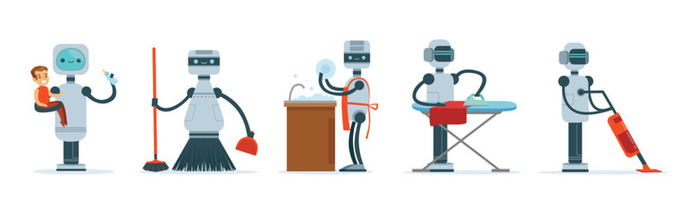 Wall Mural - Robots Do Housework and Domestic Chores Vector Set