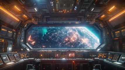 Poster - A futuristic mission control room with a large viewport showcasing Earth in the background.