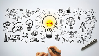 Hand-drawn business and creativity concept sketches encircling a lightbulb on a white background, symbolizing innovation and ideas