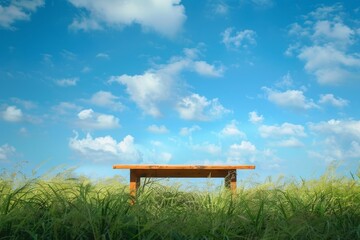 Sticker - Grassy landscape under a blue sky with a wooden table