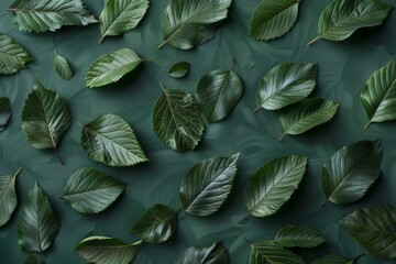 Wall Mural - Green leaves arranged creatively in a flat lay style serving as a nature themed background