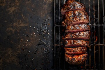 Poster - Grilled tri tip steak on a black background top view with copy space