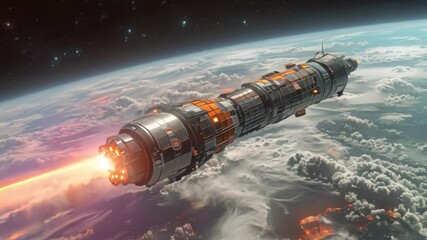 Poster - A commercial space module blasts off from Earth, leaving a trail of fire in its wake as it ascends into the vastness of space.
