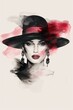 © InfiniteStudio - Abstract portrait of a woman in a wide-brimmed hat, watercolor strokes of red and black, creating a mysterious atmosphere.