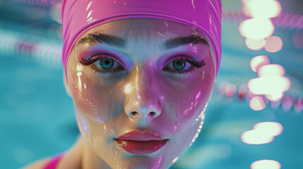 Wall Mural - A young woman in a bright swimming headdress. Bright makeup, blue eyes, dewy skin. Looks at the camera. Bright blue background.Close up.