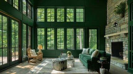 Wall Mural - suburban farmhouse painted in deep forest green, with a large stone fireplace visible through oversized windows