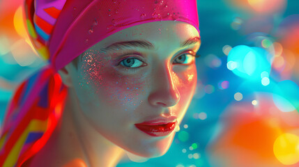 Wall Mural - A young woman in a bright headdress. Bright makeup, blue eyes. Looks at the camera. Bright background.